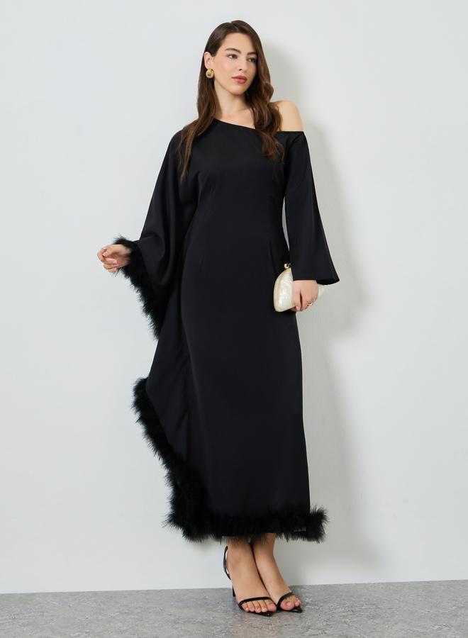 ستايلي فستان طويل بنمط قفطان وكتف واحد - Image 5